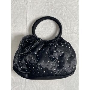 Black Beaded Evening wedding party  Purse/Handbag Hoop Handles Satin Feel
